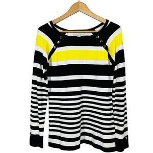 Carolyn Taylor Scoop Neck Knit Top Long Sleeve Stripe Casual Button Detail - S